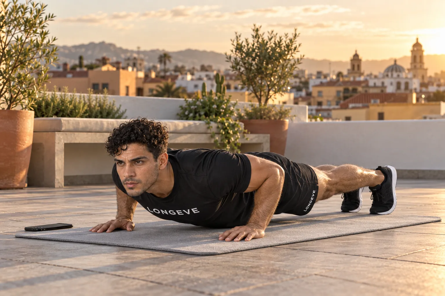 A Longeve coach doing a push-up on a rooftop at sunset