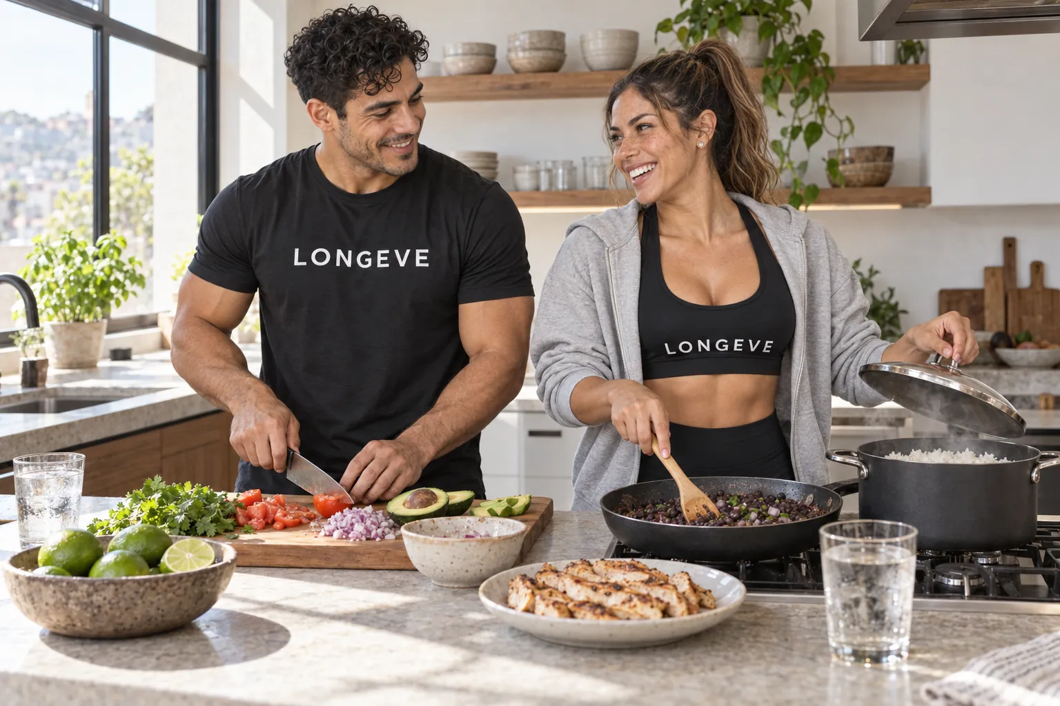 Two Longeve coaches cooking rice, beans and grilled chicken together