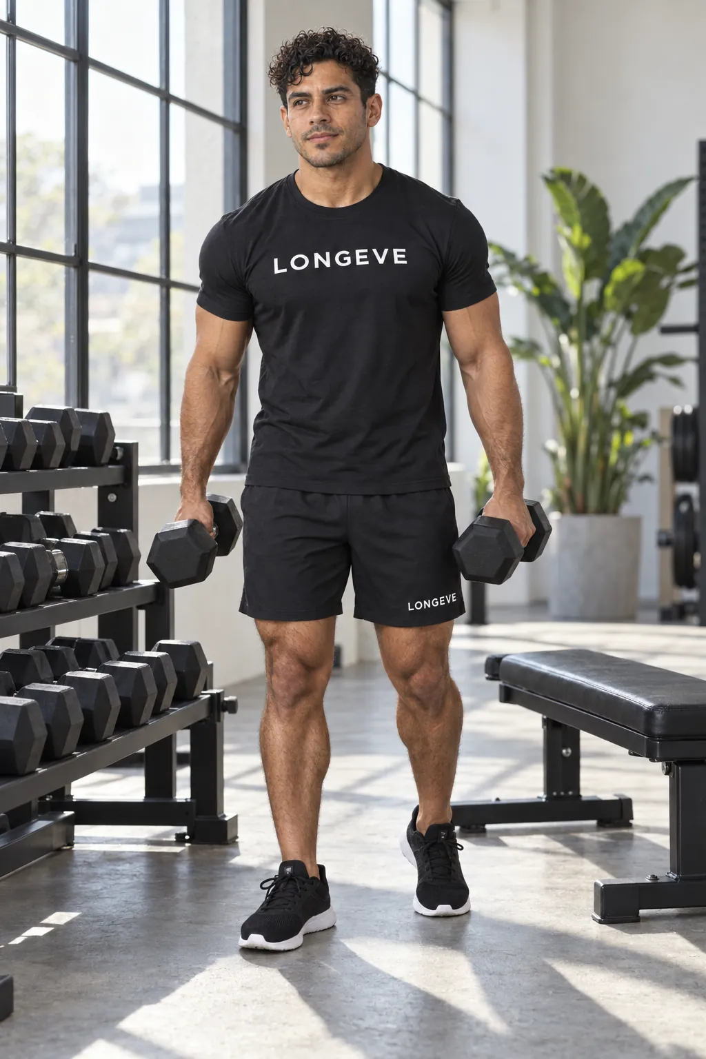A Longeve coach taking a pair of dumbbells from the rack