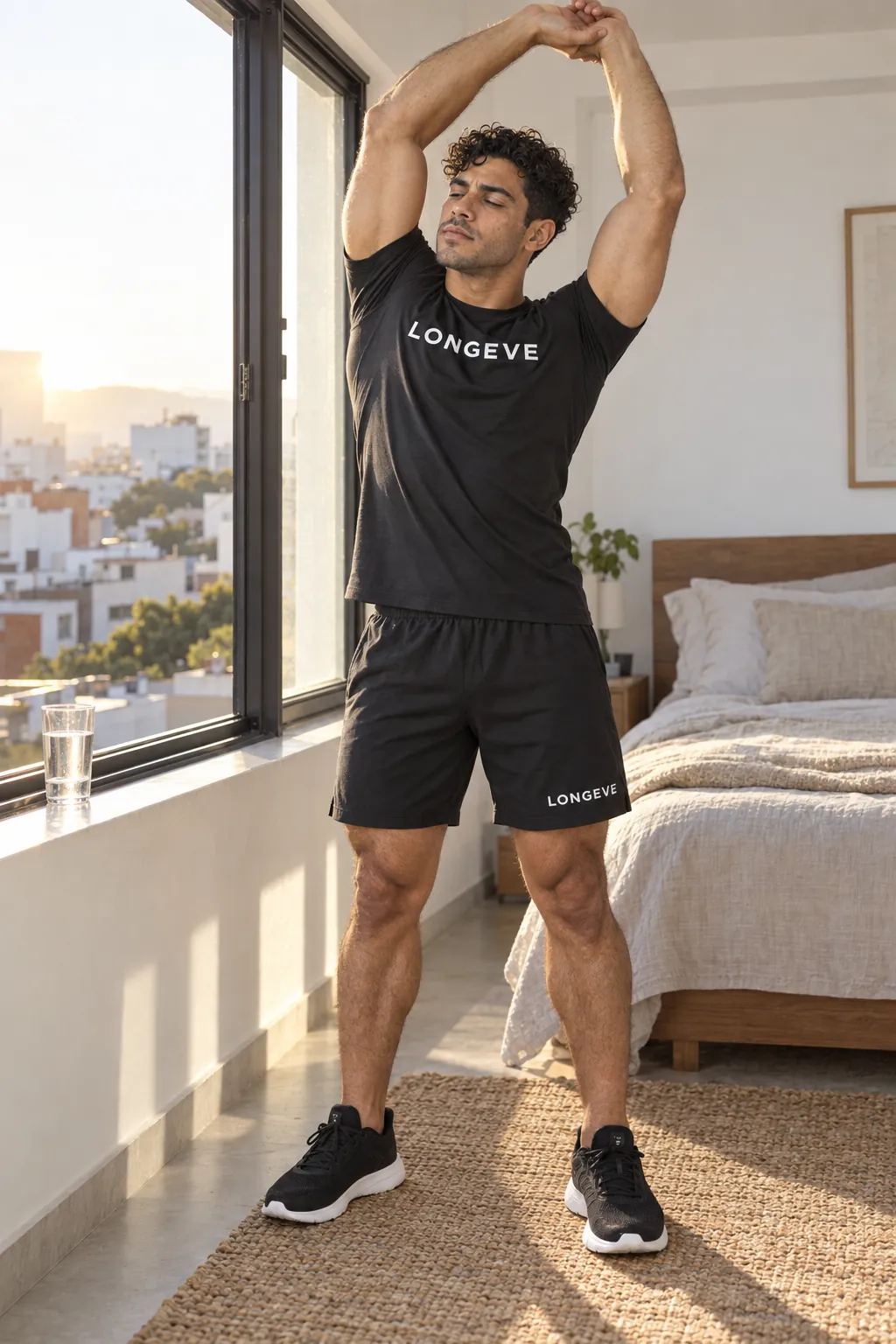 A Longeve coach stretching by an open window at sunrise