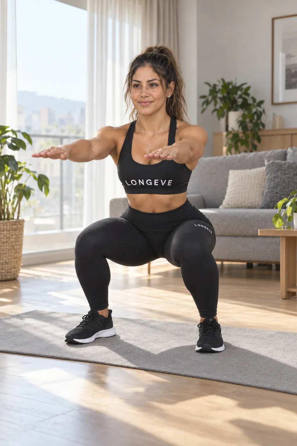A Longeve coach doing a bodyweight squat in her living room