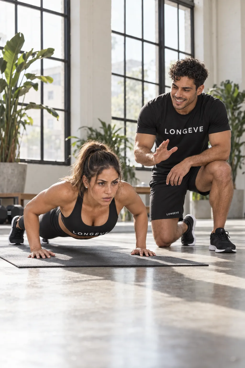A Longeve coach counting while the other holds a push-up