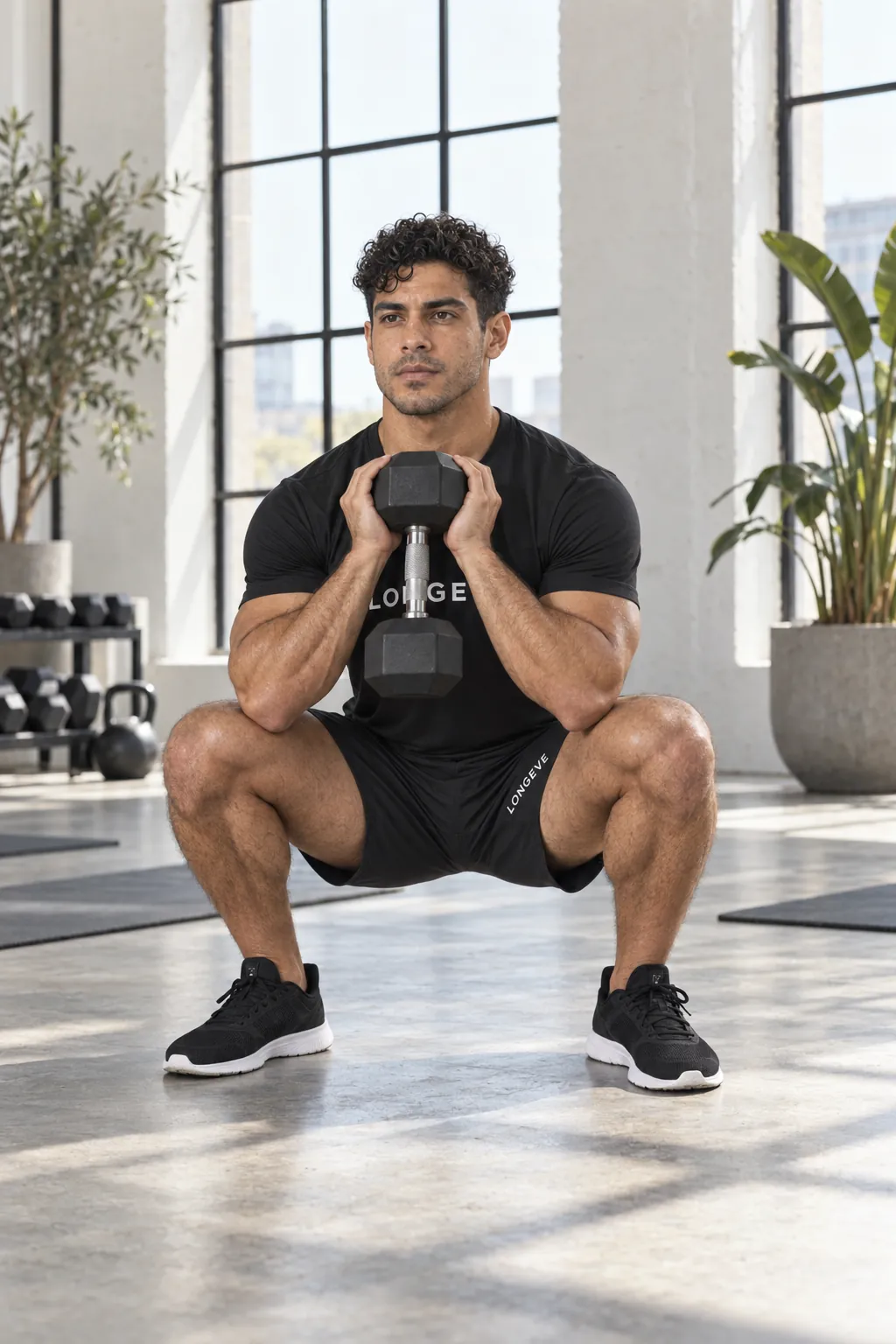 A Longeve coach demonstrating a goblet squat